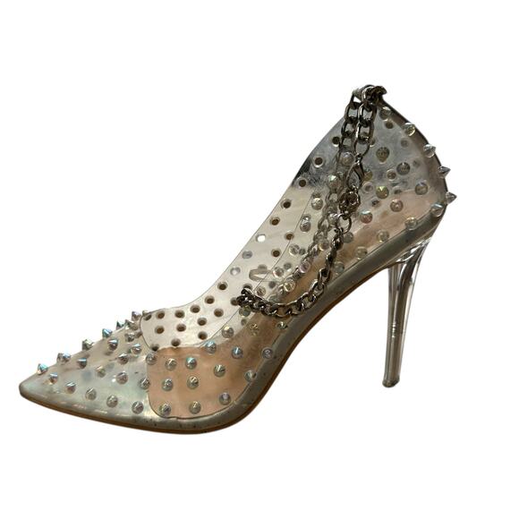 Vintage Y2K Clear Spiked Pumps Stiletto Heels Ankle Chain Pointed Toe 8.5 Glam - Picture 3 of 7